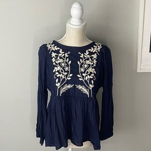 Lucky Brand Embroidered Pintuck Peplum Top - Navy